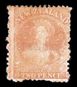 Handstamped specimen (N.Z. Handbook Type A) in seriffed capitals, 14.5x2.25mm.: 1864-67 3d., 1871 6d. (2), and 1872 no watermark 2d. (2, one retouched) and 4d., all but the
last with part original gum, otherwise fine. R.P.S. Certificate (