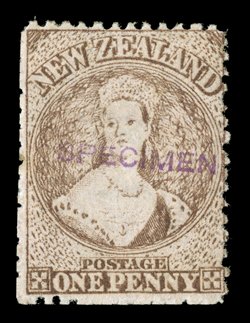 Handstamped specimen (N.Z. Handbook Type B) in sans-serif capitals, 15x1.75mm.: 1864-67 3d. and 1-, 1871 1d. and 6d., and 1872 no watermark 2d. and 4d., all but the 2d. with
part original gum, otherwise fine. R.P.S. Certificate (2006) fo