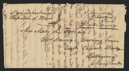 Navy DepartmentRepublic of Texas ms. corner card along with U.S. ConsulateGalveston Texas., on 1838 folded letter from Moreau Forrest to his wife in Baltimore, Md., light red New
Orleans c.d.s. and red SHIP handstamp, three page lette