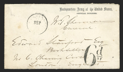 W.T. Sherman free frank, his signature on cover with Headquarters Army of the United StatesOfficial Business imprint to England, indistinct Washington, D.C. Free c.d.s.
(probably a post-war usage), bold British 6d due handstamp, ligh