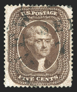 30A, 5c Brown, Ty. II, uncommonly well centered and margined, strong color, light and unobtrusive c.d.s. town cancel, extremely fine 1988 PF certificate.