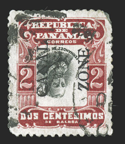 23g, 2c Carmine red and black, Center and Canal Zone Inverted reading up, 7.25mm spacing, a reasonably attractive used example of this immensely rare Canal Zone inverted
center, being one of only nine examples recorded, well centered and m