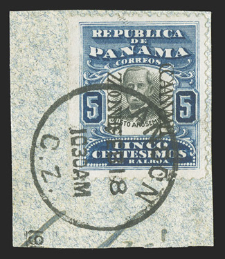 24c, 5c Dark blue and black, Canal Zone double, 6.75mm spacing, tied to piece by full strike of and Ancon c.d.s., strong colors, fine ex-Tows, Berwick (CZSG
24c.II).