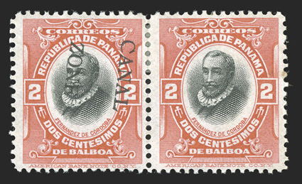 27a, 2c Vermilion and black, horizontal pair, right stamp without Canal Zone, left stamp with overprint at a slight angle, bright color, part o.g. as always on these, fine an
extraordinarily rare and striking error as only four such horizon