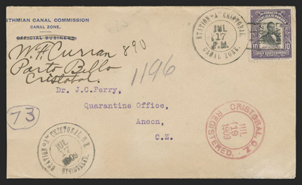 30, 10c Violet and black, tied by Cristobal Station A Jul 17 double-ring duplex (Entwistle Type Hs-4) on 1909 registered cover to J.C. Perry in Ancon, at the bottom right is
Station A Cristobal Registered Jul 17, 1909 double-ring postma
