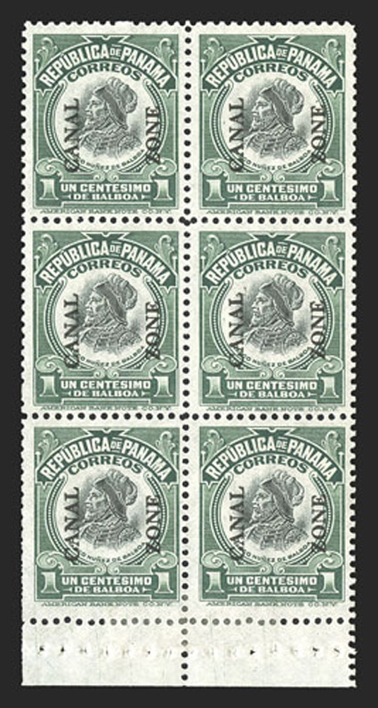 31c, 1c Dark green and black, vertical booklet pane of six, handmade, perforated margins, attractively centered, fresh colors, o.g., minor natural gum bend, top four stamps
never hinged, h.r. at bottom, very fine (CZSG 31c).