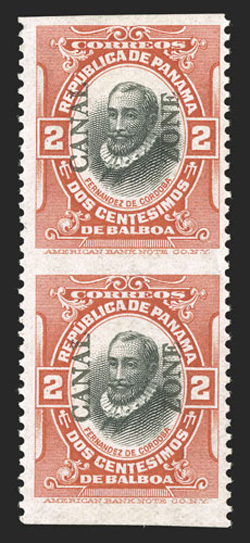 32a, 2c Vermilion and black, imperforate horizontally, vertical pair, bright and fresh, o.g., h.r., minor horizontal crease at top, otherwise very fine a particularly scarce
error (CZSG 32a).