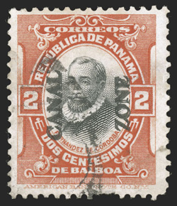 32d, 2c Vermilion and black, double overprint, with two full and distinct overprints about ½mm apart, light cancel, thinned and with pulled perf. at bottom, fine appearance
this is the only recorded copy of the Two Cent Type I double overprin