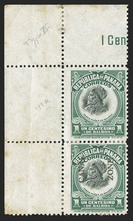 38a, 1c Green and black, vertical pair, top stamp Canal Zone omitted, from the second printing, with full sheet selvage at top showing a portion of the imprint, as well as
selvage at the left, this error having been caused when the overprint w