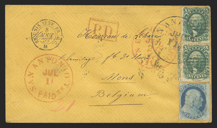 31, 34, 10c Green, combination pair Types I and IV, positions 86-96L1, the top stamp being Type IV and the bottom stamp Type I, tied b San Francisco c.d.s. and grids, along
with 1c Blue Type V (24) on 1859 orange cover to Belgium, red San