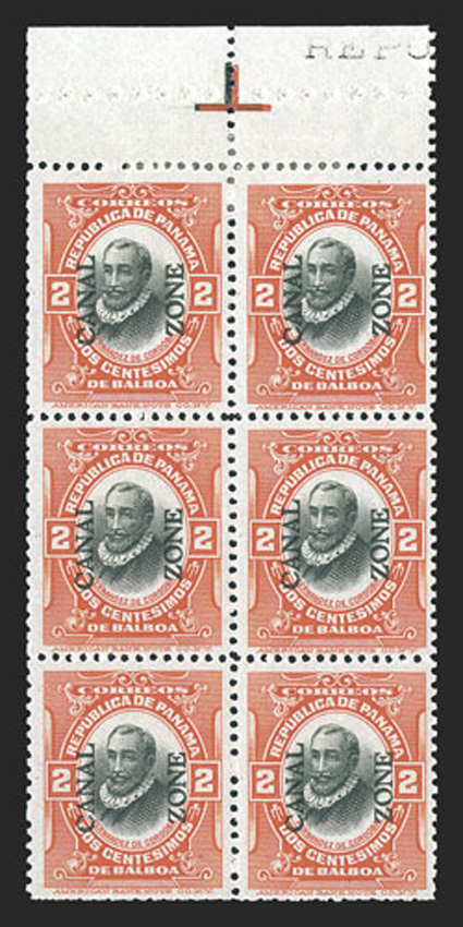 39g, 2c Vermilion and black, booklet pane of six, perforated margins, 8.5mm spacing, fresh pane with stitched tab at top showing color markers, brilliant colors, fresh o.g.,
bottom four stamps never hinged, h.r. at top, very fine (CZSG 39g.I).