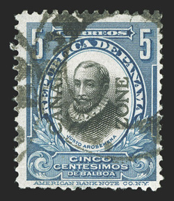 40a, 5c Deep blue and black, with Cordoba portrait of the 2c denomination, bright color on fresh white paper, nearly face-free cancel, a few short perfs. at bottom, otherwise
completely sound and fine.This is the most recognizable error in all
