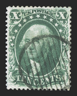 34, 10c Green, Ty. IV, position 64L1, the only position on the sheet which produced the very rare recut at top and bottom variety, an incomparable quality used example whose
overall physical attributes are most impressive, being perfectly center