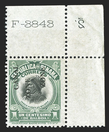 46c, 1c Green and black, Zone double, top right corner margin single, being position 10 on the sheet, attractive colors, o.g., very fine this is one of the rarest of all the
Canal Zone overprint errors, with only two examples ever printed