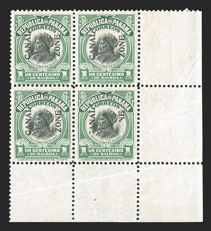 52 var., 1c Green and black, ZO of Zone omitted due to foldover, block of four with right stamp showing the variety and also part of the C of Canal omitted (and printed on the
back of the selvage), full fresh o.g., very fine a unique va