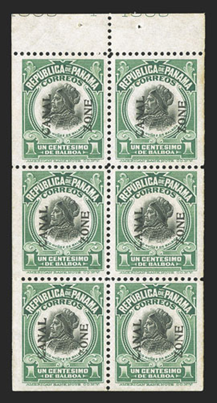 52b, 1c Green and black, booklet pane of six, with stapled tab at top showing a partial imprint, well centered and margined, tropicalized o.g., very fine (CZSG
52b).