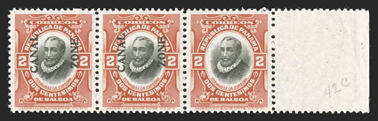 53b, 2c Vermilion and black, horizontal pair, right stamp without Canal Zone, right sheet-margin horizontal strip of three, the right stamp without the overprint, bright
colors, tropicalized o.g., very fine only twenty such pairs can exist<