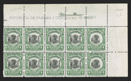 55b, 1c Light green and black, horizontal pair, right stamp Canal Zone omitted, top right corner margin imprint block of ten, with both of the stamps at right missing the
overprint, lovely rich colors, o.g., stamps never hinged (hinged in the