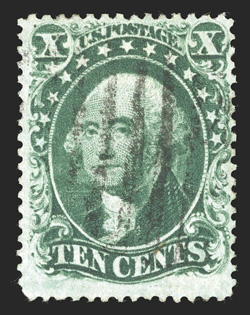 34, 10c Green, Ty. IV, position 54L1, recut at bottom, rich color and a clean impression, light grid cancel, fine 1988 PF certificate.