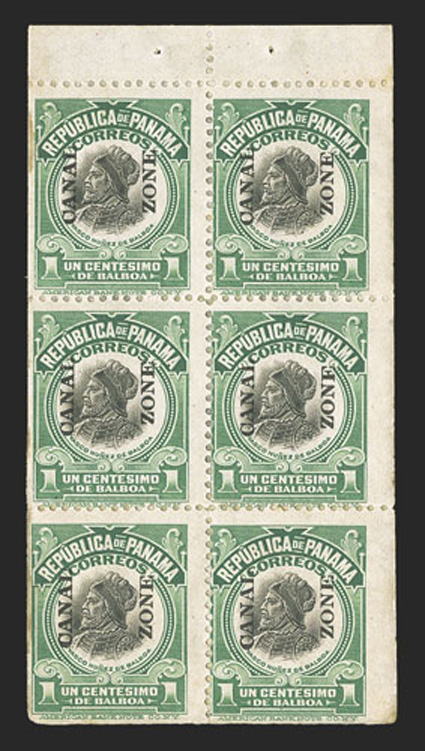 55e, 1c Light green and black, booklet pane of six, with the original interleaving still attached, o.g., with some hinge reinforcements, a couple faint stains in the left
margin, otherwise a fine example of the rarest regularly issued booklet pa