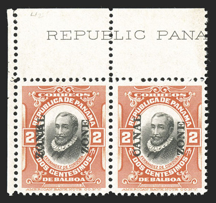 56f, 2c Orange vermilion and black, Zone double, top left corner margin horizontal pair, the left stamp with the additional Zone, well centered, exceedingly bright and fresh,
full o.g. that is just faintly disturbed, very fine a handsome ex