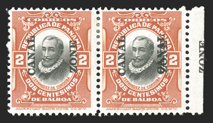 56h, 2c Orange vermilion and black, Canal double, right sheet-margin horizontal pair, the right stamp having the additional Canal as well as Zone in the margin, deep colors,
o.g., h.r., fine only twenty errors were produced, ten of whic