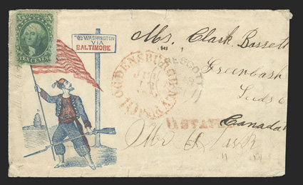35, 10c Green, Ty. V, single with small faults tied by North Jackson, Pa. ms. postmark on Zouave soldier design patriotic cover to Canada, red Ogdensburgh, N.Y 10 Paid
exchanged office handstamp, red U. States straight line, Prescott and B