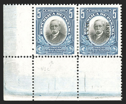 57b, 5c Deep blue and black, horizontal pair, left stamp with Canal Zone omitted, bottom left corner margin pair, the left stamp with the overprint missing, rich colors, o.g.,
hinge reinforcement of middle perfs., fine only ten examples of