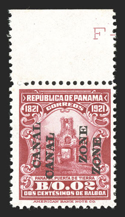 61b, 2c Carmine, Canal Zone double, attractive top sheet-margin single, with the two overprints spaced widely apart, radiant color and a prooflike impression, o.g., very fine
and scarce (CZSG 61b).