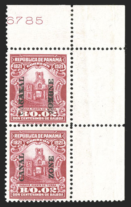 61b, 2c Carmine, Canal Zone double, this is technically the same error as the above lot, though it comes from the top row only of a different sheet, with the two overprints
close together, in a top right corner margin vertical pair, bright col
