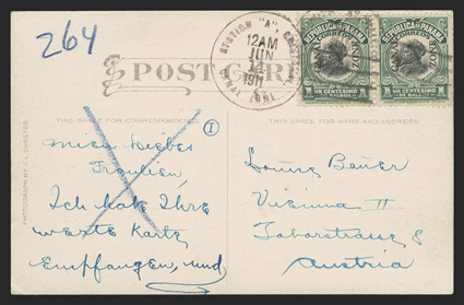 31, 1c Dark green and black, horizontal pair tied by Station A Cristobal Jun 14, 1911 duplex (Entwistle Type Hs-5) on picture postcard to Austria, postcard with scene of
native houses, very fine the Station A cancel was used in Porto Be