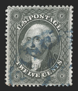 36, 12c Black, plate I, a magnificent used example of a stamp that is almost impossible to find in true gem quality, as the narrow spacing between the stamps on the plate did
not allow for perforations which were added later, this stamp is the 