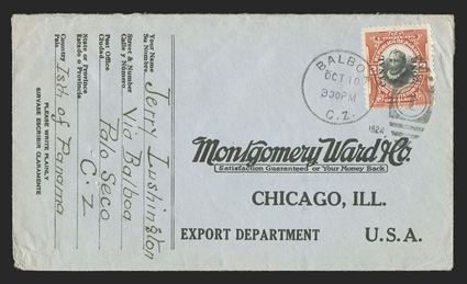 56 var., 2c Orange vermilion and black, with P perfin, tied by Balboa Oct 10, 1924 duplex on Montgomery Ward reply cover from the Palo Soco Leper Colony, as noted on the
return address, cover with some small edge flaws from used, fine r