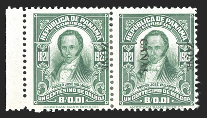67c, 1c Green, se-tenant pair with Zone Canal and Zone only, left sheet-margin horizontal pair, the left stamp with the Zone only (67a) error and the right stamp with the Zone
Canal (67b) error, bright and fresh, o.g., hinge reinforcin