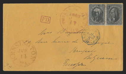 36, 12c Black, plate I, horizontal pair tied by grid cancels on 1859 orange cover to Belgium, Kensington, Mass. c.d.s., red Philadelphia Paid, French transits and Belgium
receiving backstamps, right stamp with tiny corner fault, backflap wit