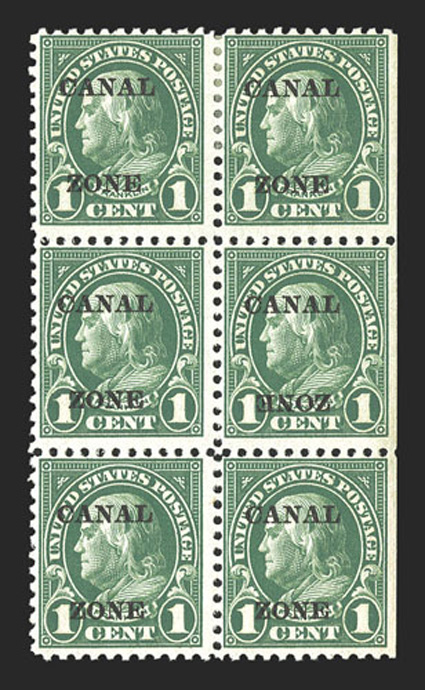 71b, 1c Green, Zone inverted, the error being the right middle stamp in a block of six, deep intense color, tropicalized o.g., fine this error occurred on position 30 of the
bottom left pane, therefore all examples have a straight-edge at rig