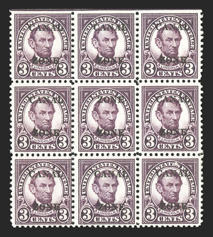85a, 3c Violet, Zone Zone error, with the error being the middle stamp in a block of nine (position 18 on the sheet), rich color, tropicalized o.g., fine-very fine an
attractive example of this scarce error (CZSG 85a).