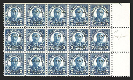 86a, 5c Dark blue, Zone Zone error, the error being the middle stamp in a block of fifteen (position 18 on the sheet), error stamp well centered, especially deep color, o.g.,
error stamp never hinged with natural gum bend, very fine an especi