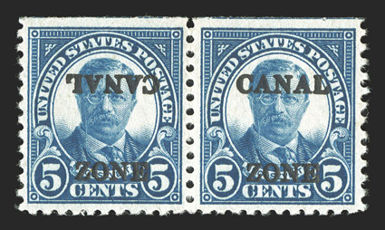 86b, 5c Blue, CANAL inverted, in a se-tenant horizontal pair with the normal overprint, natural straight-edge at top as necessary (this error only comes from position 7),
strong color, tropicalized o.g., very fine (CZSG 86b).