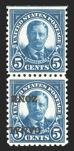 86g, 5c Dark blue, vertical pair, one without overprint, other with inverted overprint, with natural straight-edge as top as all are known examples since this error only came
from the top row of one sheet, deep color, nicely centered, o.g., ligh