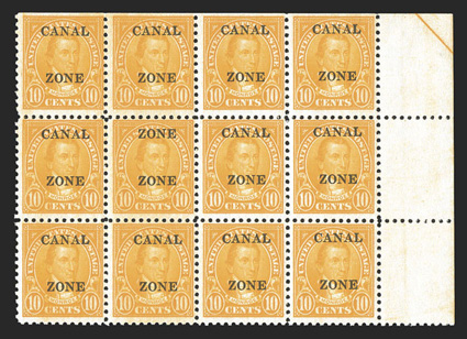 87a, 10c Orange, Zone Zone overprint, the error being the second stamp in the middle row of a block of twelve (position 18 on the sheet), brilliantly rich color, slightly
tropicalized o.g., fine unlike the similar 3c and 5c errors of this ser