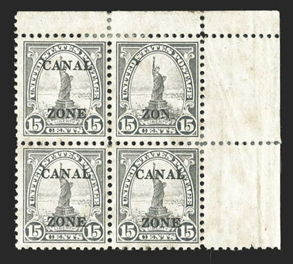 90 var., 15c Gray, Zone only, top right corner margin block of four, the top right stamp with Zone only due to foldover (actually the E of Zone is missing as well), with the
missing letters printed on the back, tropicalized o.g. with som