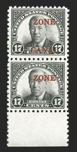 91a, 17c Black, Zone only, in a bottom sheet-margin vertical se-tenant pair with the Zone Canal error (91c), marvelously bright and fresh, o.g., top stamp lightly hinged, the
rare Zone only error is never hinged, very fine a particul
