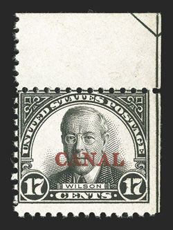 91b, 17c Black, Canal only, top right corner margin single (position 10 on the sheet), centered to top as are all examples that we are aware of, fresh o.g., lightly hinged,
fine this error occurred when the overprint was shifted downward on on