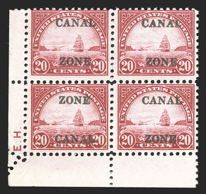 92c, 20c Carmine rose, Zone Canal overprint, the error being the bottom left stamp in a bottom left corner margin block of four with sideographers initials (position 91 on the
sheet), deep intense color and impression, o.g., never hinged, sma