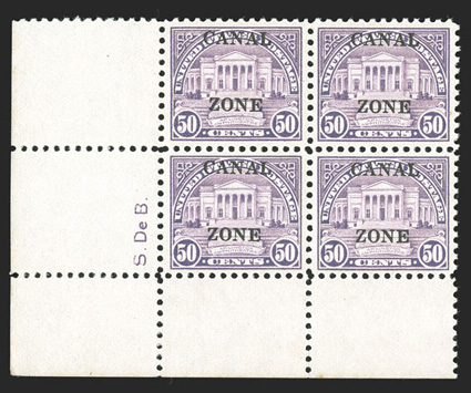 94, 50c Lilac, bottom left corner margin block of four with sideographers initials, exceptionally well centered, strong color, o.g., unhinged but there is a faint overall gum
disturbance, very fine-extremely fine (CZSG 94).