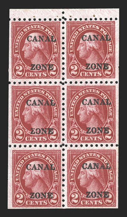 97b, 2c Carmine, booklet pane of six, well centered, deep radiant color, o.g., mild h.r., very fine (CZSG 97b).