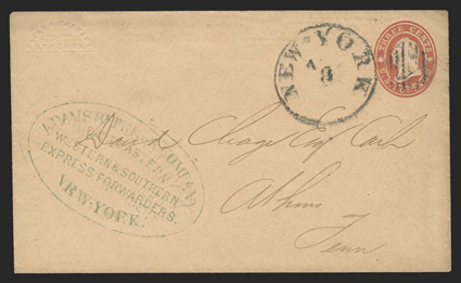 Adams Express CompanyGreat EasternWestern & SouthernExpress Forwarders.New-York. nicely struck large blue oval handstamp on 3c Red on buff entire (U27) cancelled by New York
duplex postmark, carried North to South thru the Lines to Athen