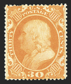 38, 30c Orange, lovely mint example of this scarce and difficult stamp, featuring gorgeous radiant color and a vivid impression on clean white paper, marvelously well centered,
full original gum, extremely fine premium mint copies of the 1860 T