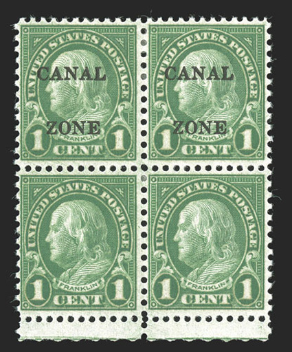 100a, 1c Green, vertical pair, one without overprint, an incredibly rare block of four, the bottom two stamps missing the overprint, strong rich color, o.g., top stamps h.r.,
bottom stamps n.h., fine a striking showpiece ten examples of this